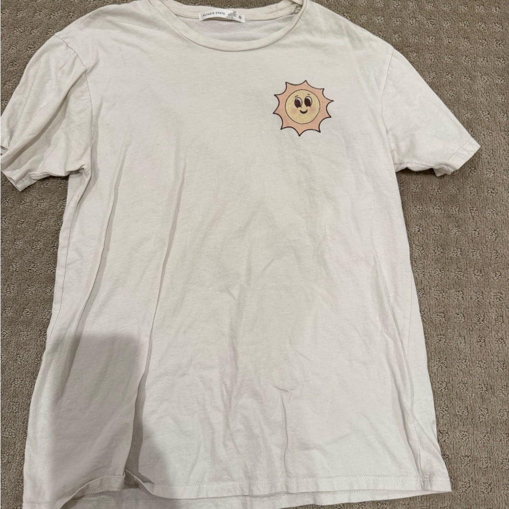 Altar'd State White Short Sleeve Tee with Smiling Sun Graphic